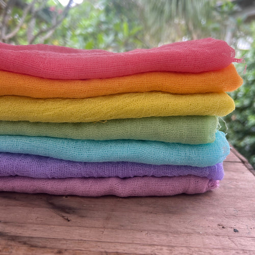 Muslin ~ hand dyed 7 piece pack in Rainbow colours ~ unhemmed.