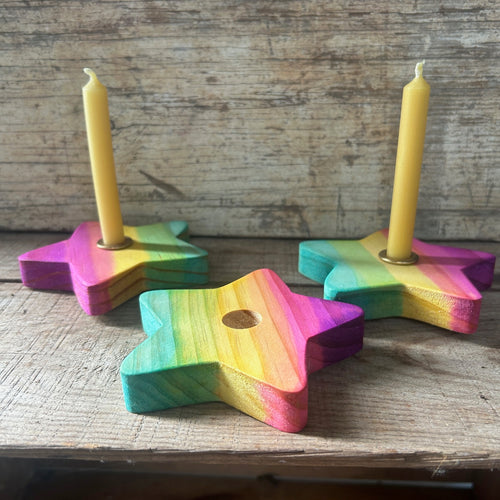 Rainbow Star Candle Holder with or without brass holder and beeswax candle.