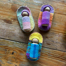 Load image into Gallery viewer, Handmade wool felt miniature sleeping bag with 9 cm dressed wooden peg doll