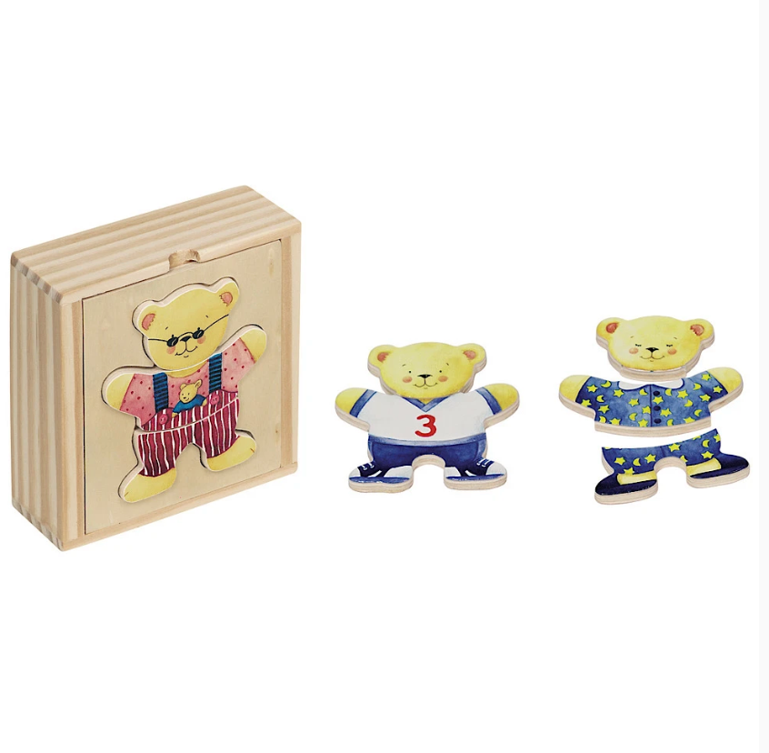 Bears, wooden dress-up box, puzzle in a wooden box