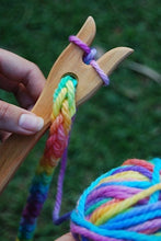 Load image into Gallery viewer, Wooden Knitting Fork with Hand Painted Rainbow Wool