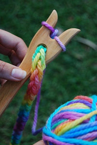 Wooden Knitting Fork with Hand Painted Rainbow Wool