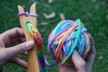 Load image into Gallery viewer, Wooden Knitting Fork with Hand Painted Rainbow Wool